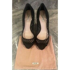 Miu Miu by Prada Lattice Peep Toe Platform Pumps 37 / 7 Black Suede Heels Shoes